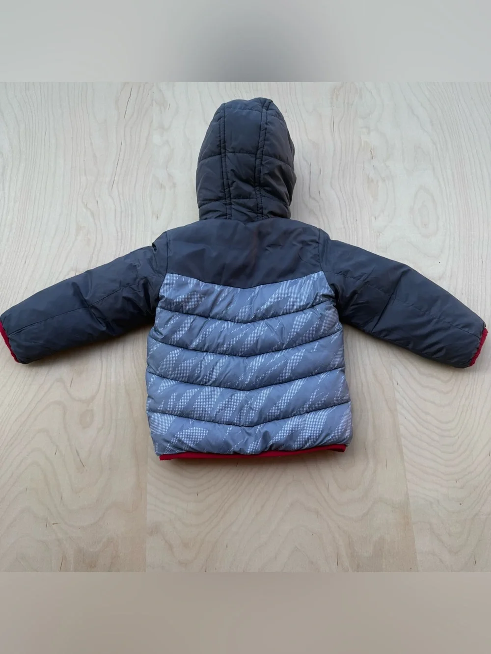 Snozu Toddler Boys Hooded Puffer Jacket Gray Red Fleece Lined Winter Coat 3T